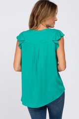 Emerald Green Split Neck Flutter Sleeve Blouse