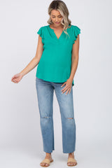 Emerald Green Split Neck Flutter Sleeve Maternity Blouse