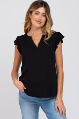 Black Split Neck Flutter Sleeve Maternity Blouse