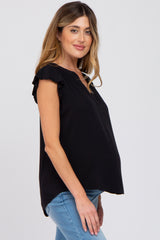 Black Split Neck Flutter Sleeve Maternity Blouse