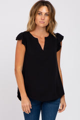 Black Split Neck Flutter Sleeve Maternity Blouse