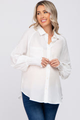 White Button Up Smocked Sleeve Maternity Top