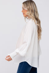 White Button Up Smocked Sleeve Maternity Top