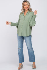 Light Olive Button Up Smocked Sleeve Maternity Top