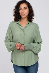 Light Olive Button Up Smocked Sleeve Maternity Top