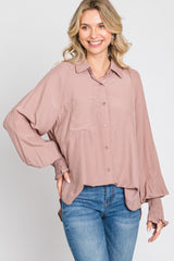 Mauve Button Up Smocked Sleeve Top