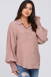 Mauve Button Up Smocked Sleeve Maternity Top