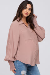 Mauve Button Up Smocked Sleeve Maternity Top