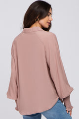 Mauve Button Up Smocked Sleeve Maternity Top