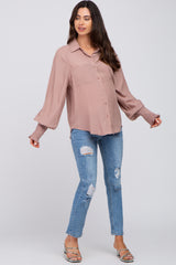 Mauve Button Up Smocked Sleeve Maternity Top