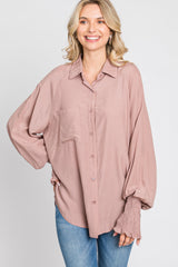 Mauve Button Up Smocked Sleeve Maternity Top