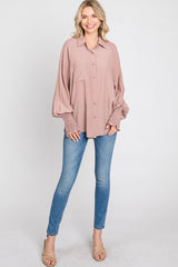 Mauve Button Up Smocked Sleeve Top