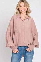 Mauve Button Up Smocked Sleeve Top