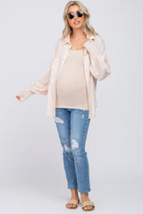 Beige Button Up Smocked Sleeve Maternity Top