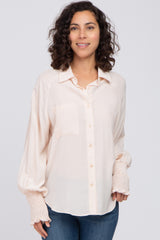 Beige Button Up Smocked Sleeve Top