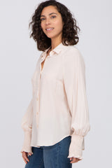 Beige Button Up Smocked Sleeve Top