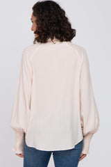 Beige Button Up Smocked Sleeve Top