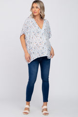 Light Blue Floral V-Neck Dolman Sleeve Maternity Top