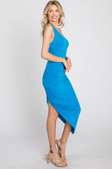 Blue One Shoulder Ruched Asymmetrical Hem Dress