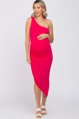 Fuchsia One Shoulder Ruched Asymmetrical Hem Maternity Dress