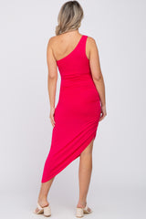 Fuchsia One Shoulder Ruched Asymmetrical Hem Maternity Dress