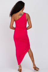 Fuchsia One Shoulder Ruched Asymmetrical Hem Dress