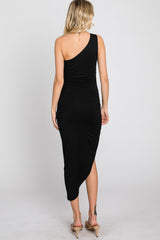 Black One Shoulder Ruched Asymmetrical Hem Dress