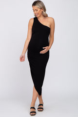 Black One Shoulder Ruched Asymmetrical Hem Maternity Dress