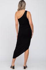 Black One Shoulder Ruched Asymmetrical Hem Maternity Dress