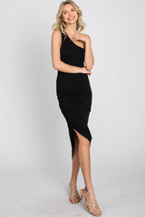 Black One Shoulder Ruched Asymmetrical Hem Dress