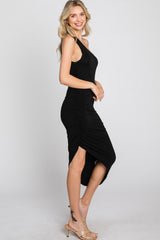 Black One Shoulder Ruched Asymmetrical Hem Dress