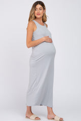 Grey Solid Sleeveless Maternity Midi Dress