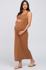 Camel Solid Sleeveless Maternity Midi Dress