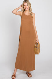 Camel Solid Sleeveless Midi Dress