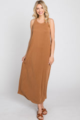 Camel Solid Sleeveless Midi Dress