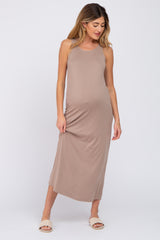 Taupe Solid Sleeveless Maternity Midi Dress