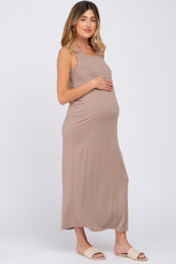 Taupe Solid Sleeveless Maternity Midi Dress