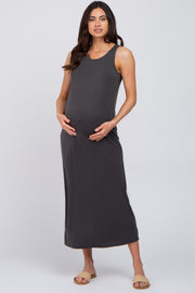 Charcoal Solid Sleeveless Maternity Midi Dress