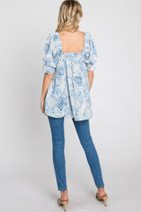 Blue Paisley Print Puff Sleeve Top