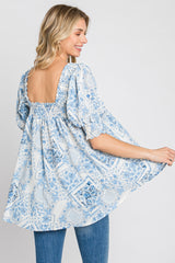 Blue Paisley Print Puff Sleeve Top