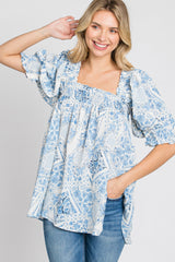 Blue Paisley Print Puff Sleeve Top