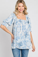 Blue Paisley Print Puff Sleeve Top