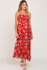 Red Floral Sleeveless Tiered Maternity Maxi Dress