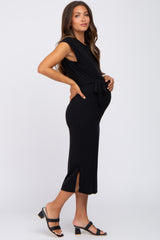 Black Fitted Side Slit Maternity Midi Dress