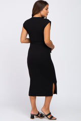 Black Fitted Side Slit Maternity Midi Dress