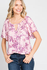 Pink Floral Keyhole Front Short Sleeve Top