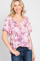 Pink Floral Keyhole Front Short Sleeve Top