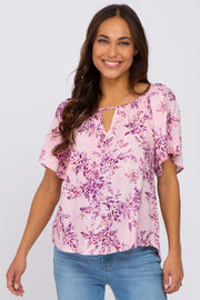 Pink Floral Keyhole Front Short Sleeve Maternity Top