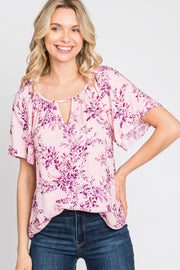 Pink Floral Keyhole Front Short Sleeve Top