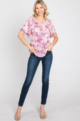 Pink Floral Keyhole Front Short Sleeve Top